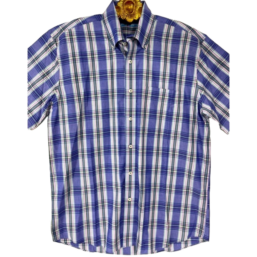 Alan Flusser Purple Plaid Short Sleeves Casual Cotton Shirt Mens Medium